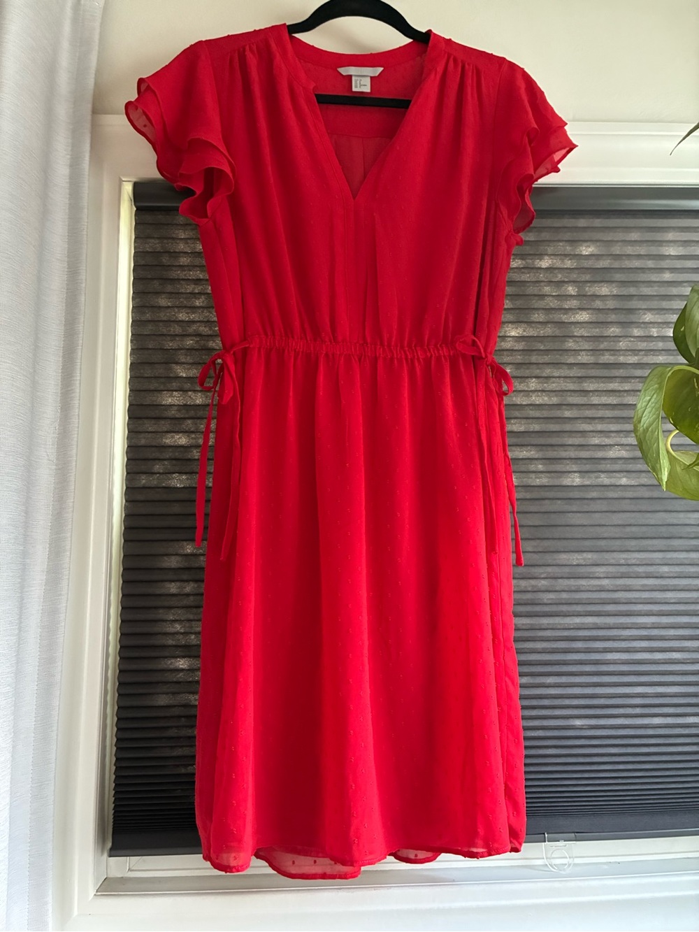 H&M Red V-Neck Tie-Waist Midi Dress